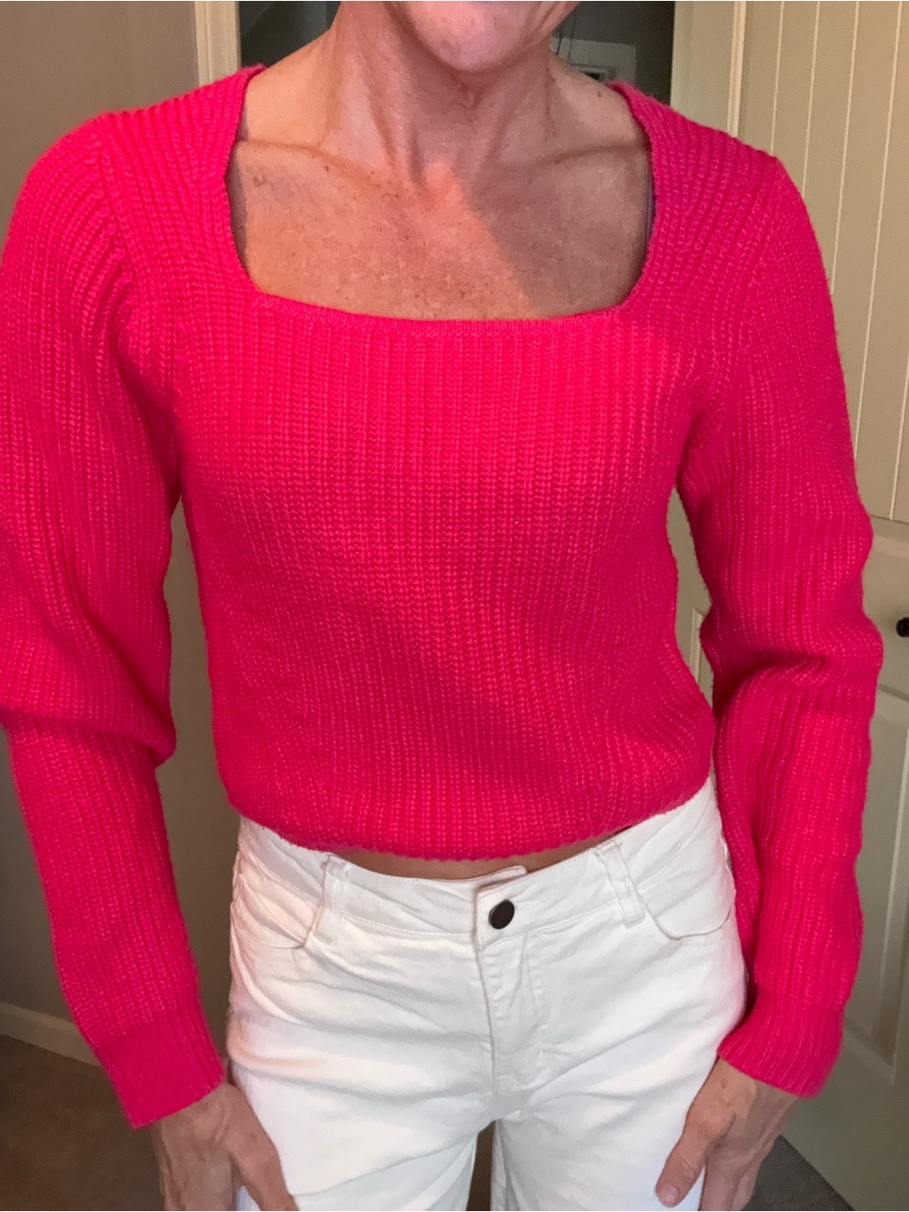 Women's Square Neck Ribbed Sweater - Hot Pink